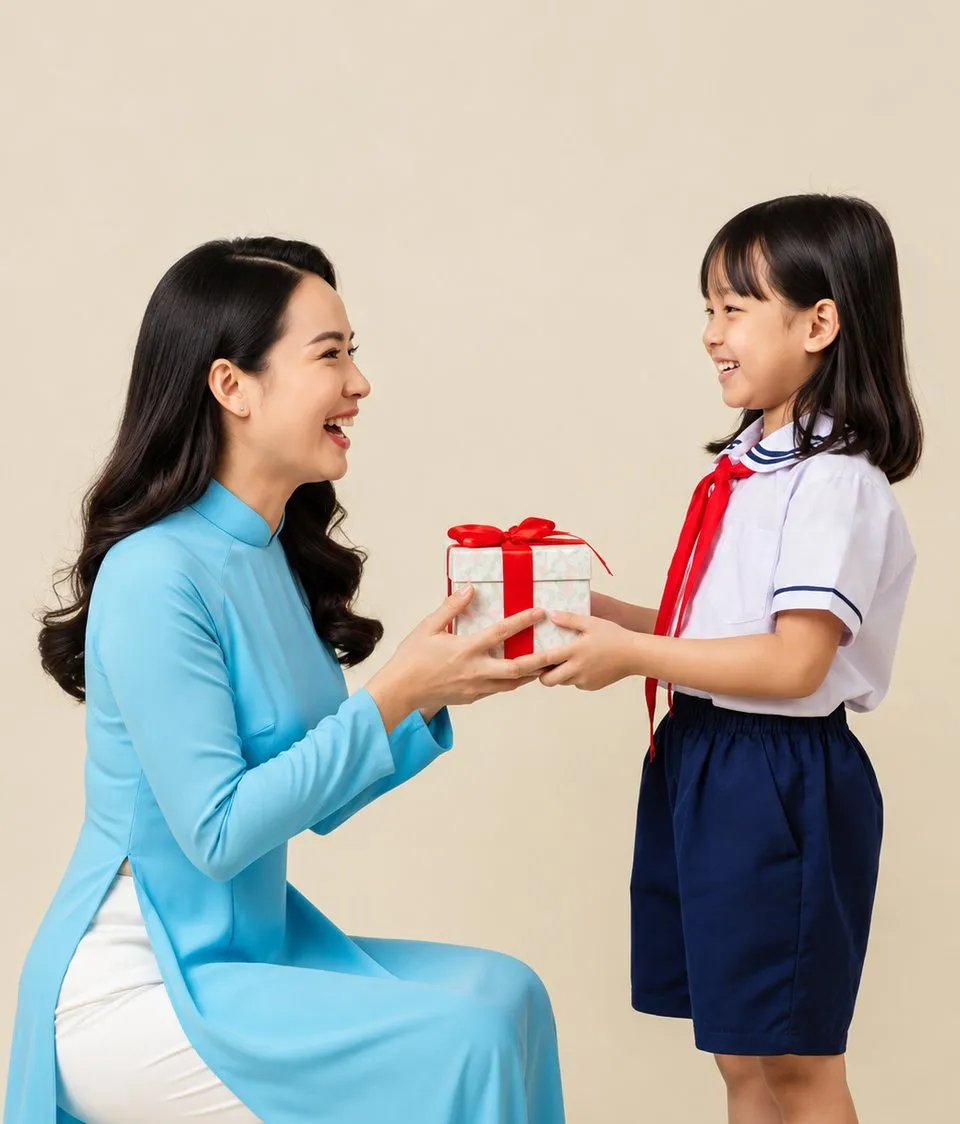 A pupil giving a gift to a teacher wearing an ao dai