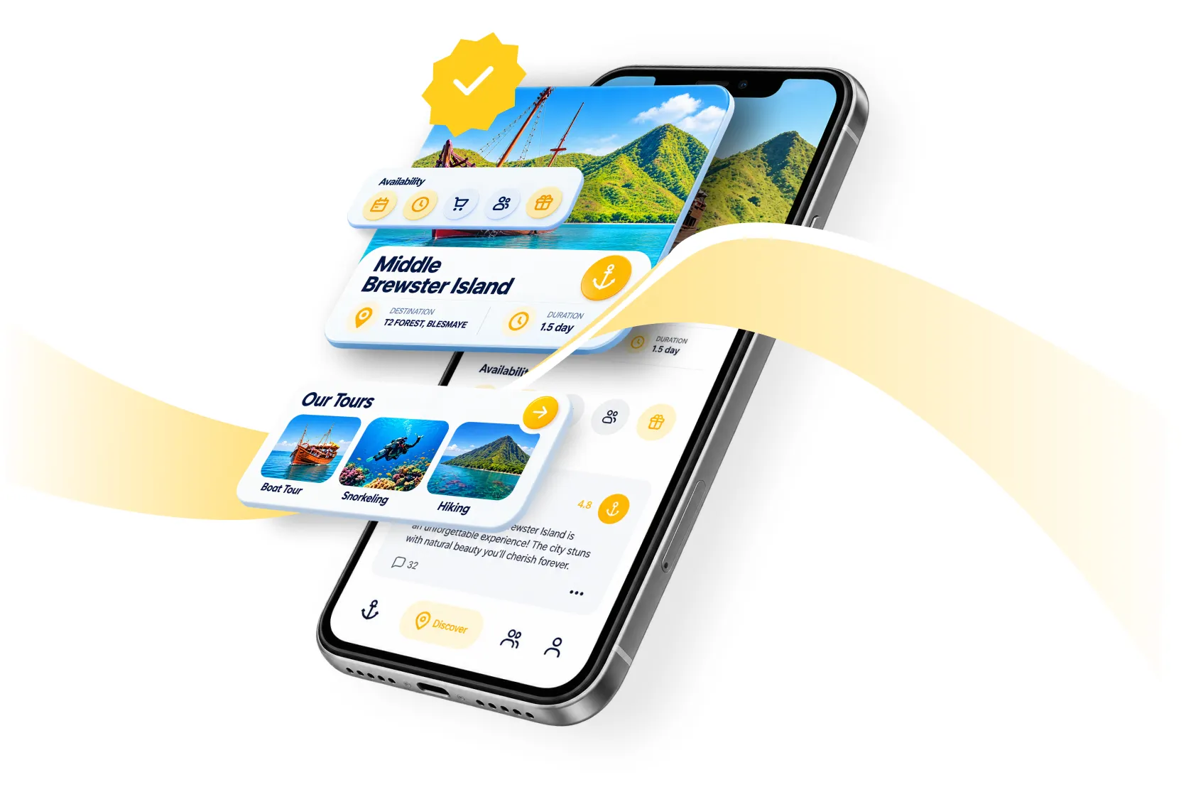 A MIMA-designed travel app on iPhone with tour booking cards