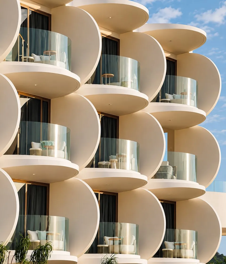 A hotel facade with a series of curved balconies