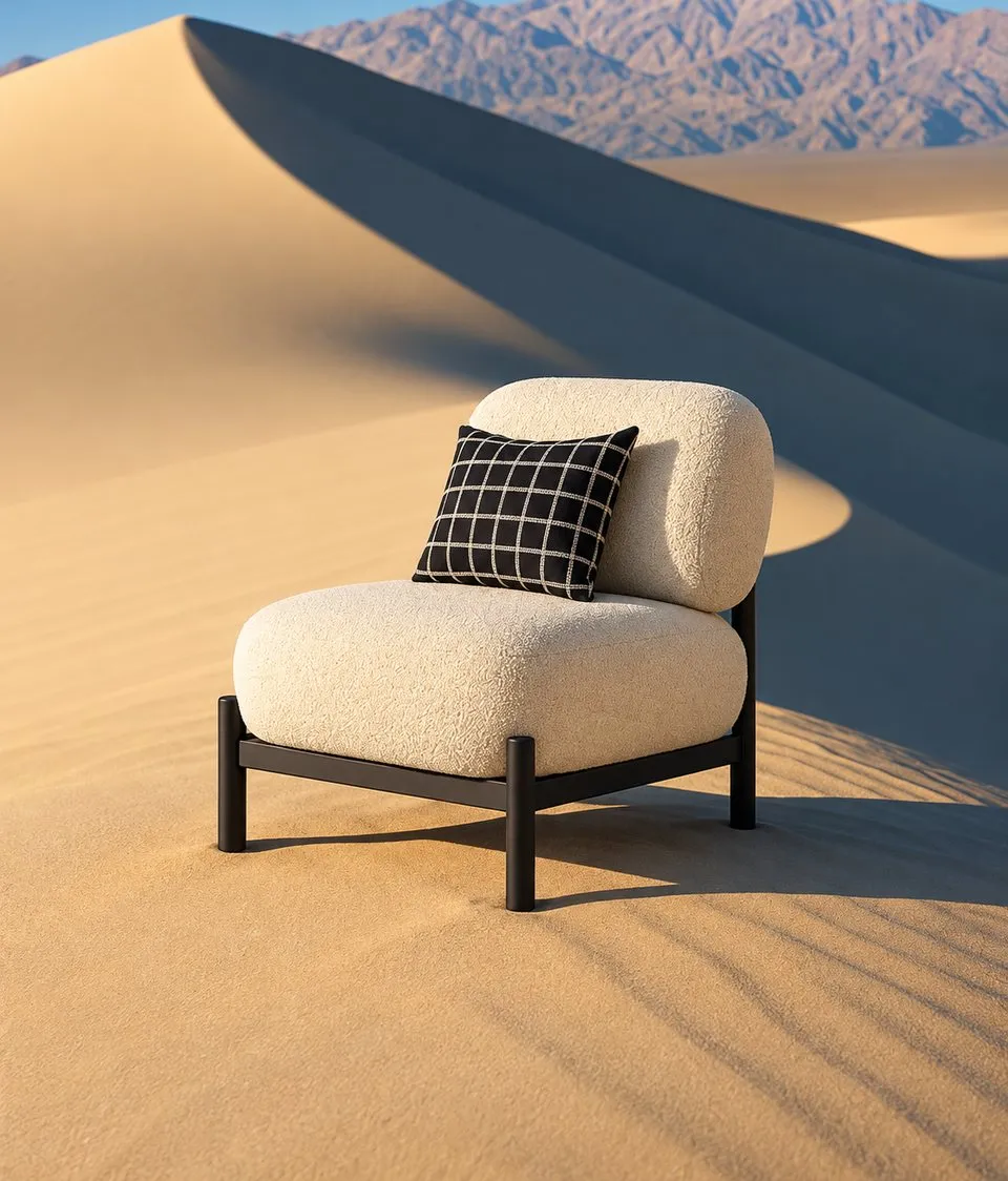 An upholstered armchair on a sand dune in a minimalist interior style