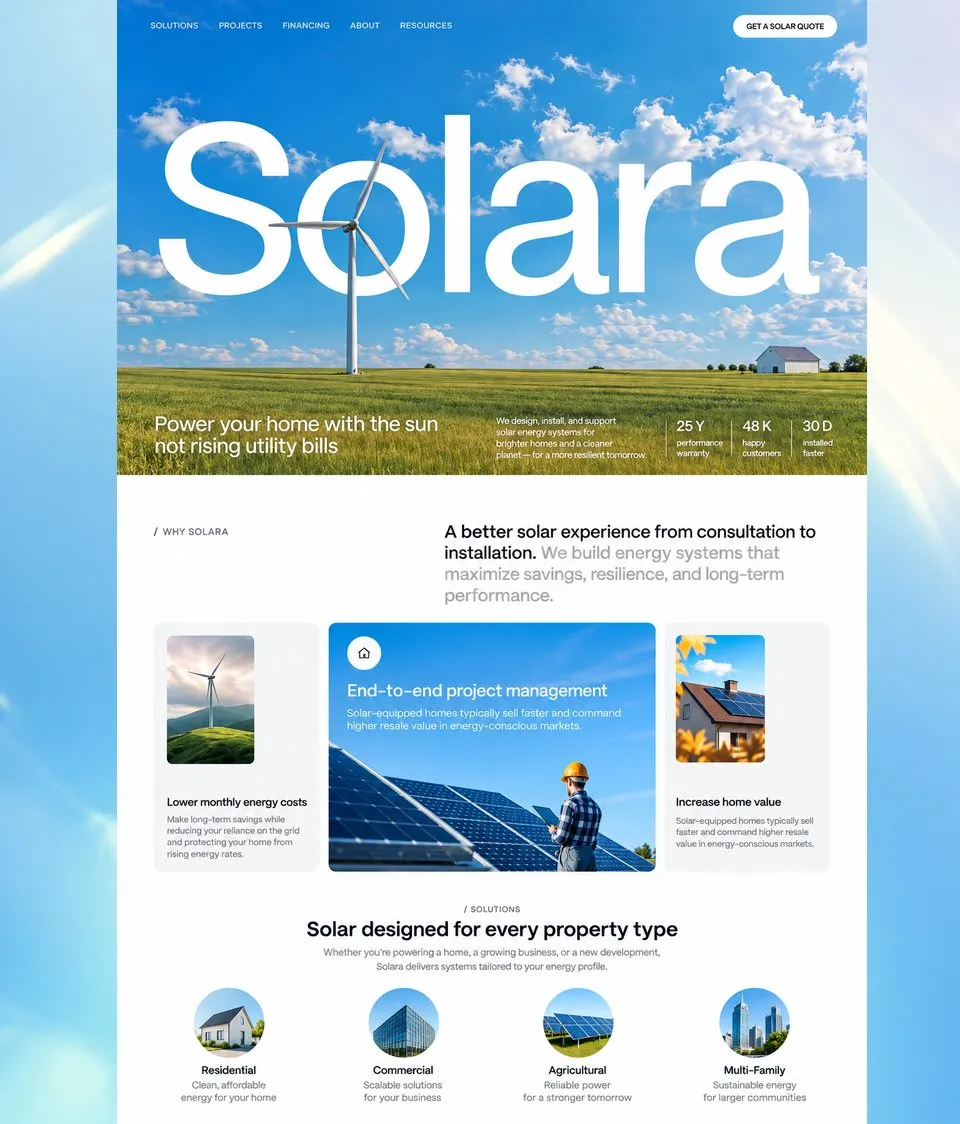 A landing page design for a solar energy solution