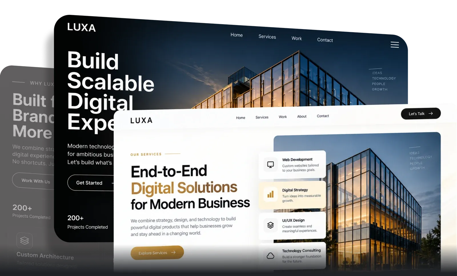 The LUXA website interface across several screens