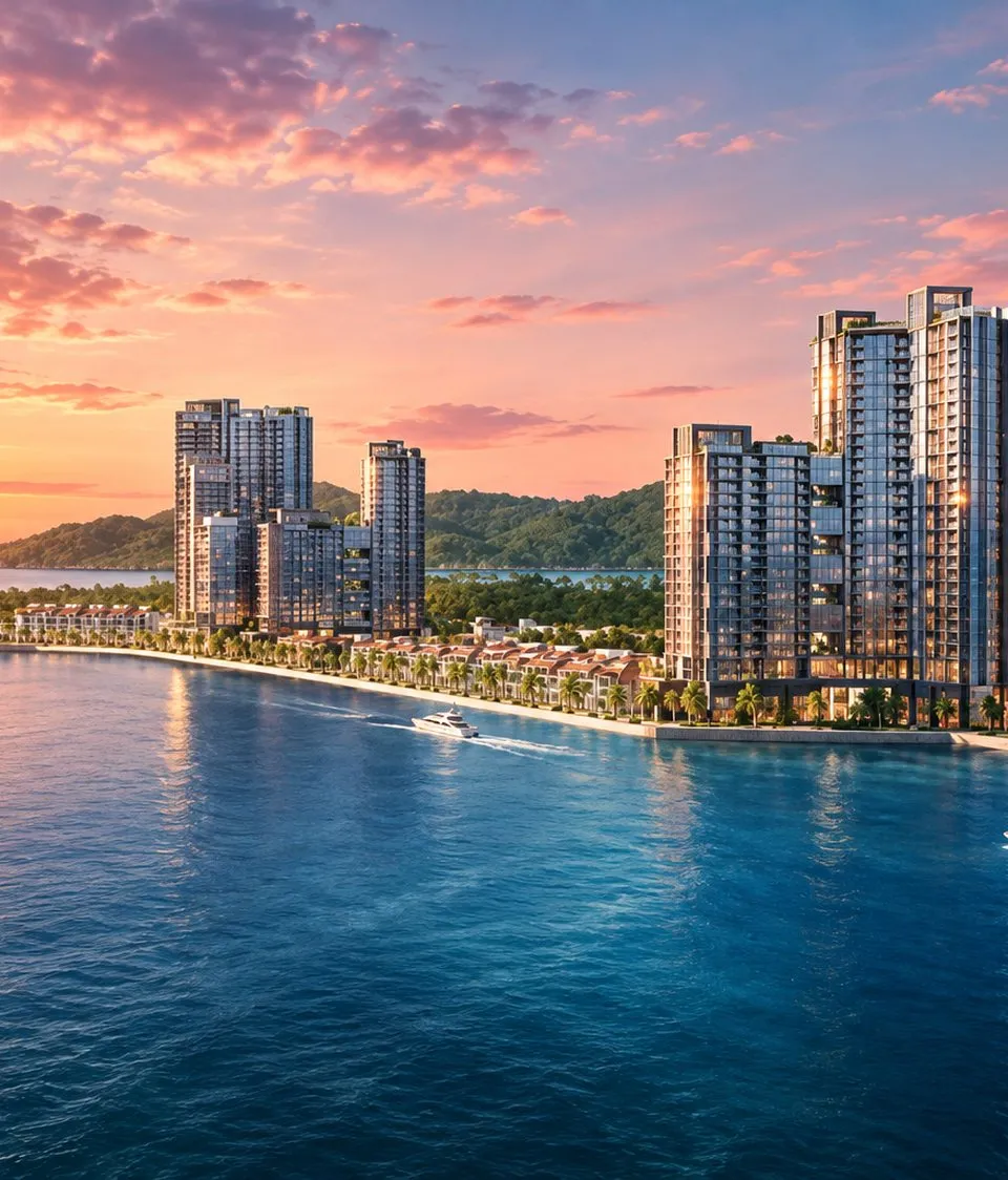 High-rise seaside apartments at sunset