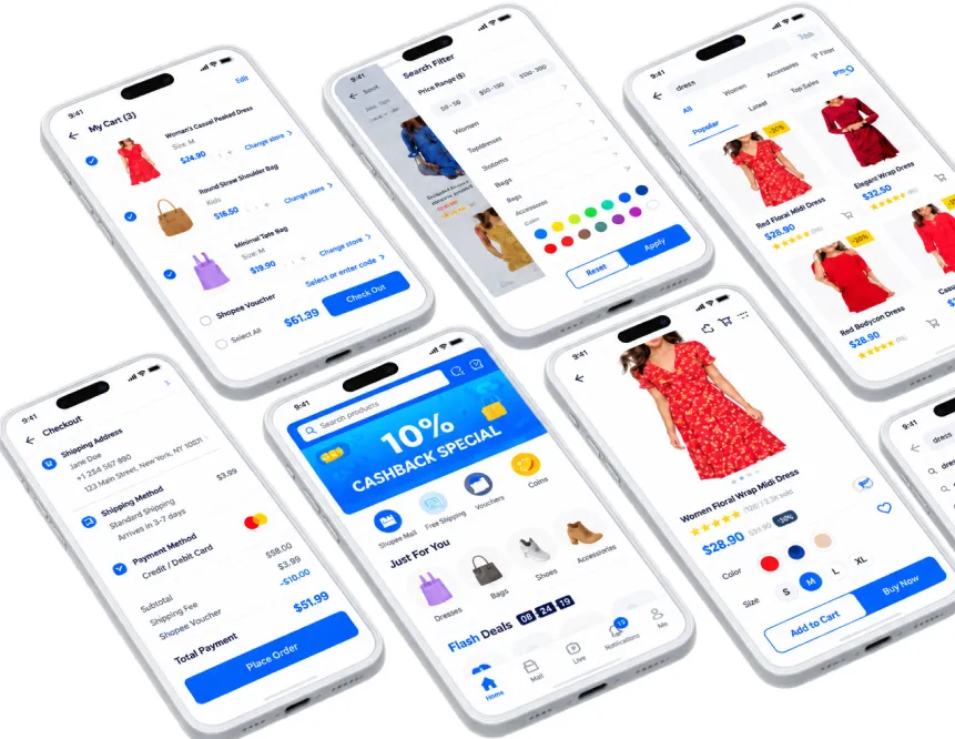 Retail app screens: cart, filters, flash deals and checkout