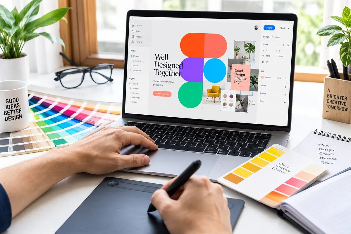 Designing a website interface on a laptop next to a colour palette
