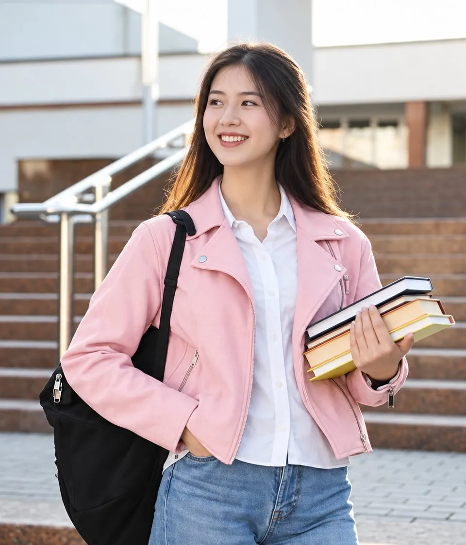 A student holding books in front of a university campus
