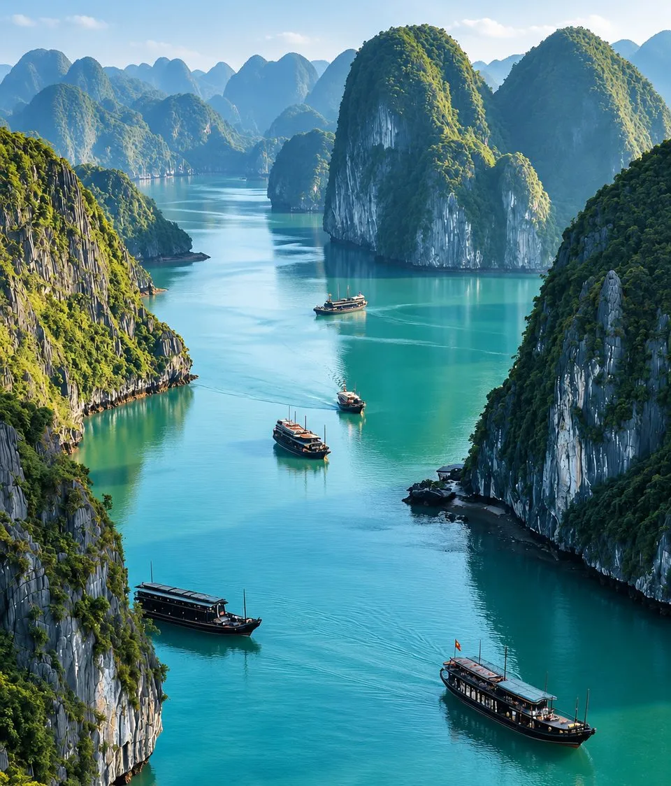 An aerial view of Ha Long Bay with tour boats
